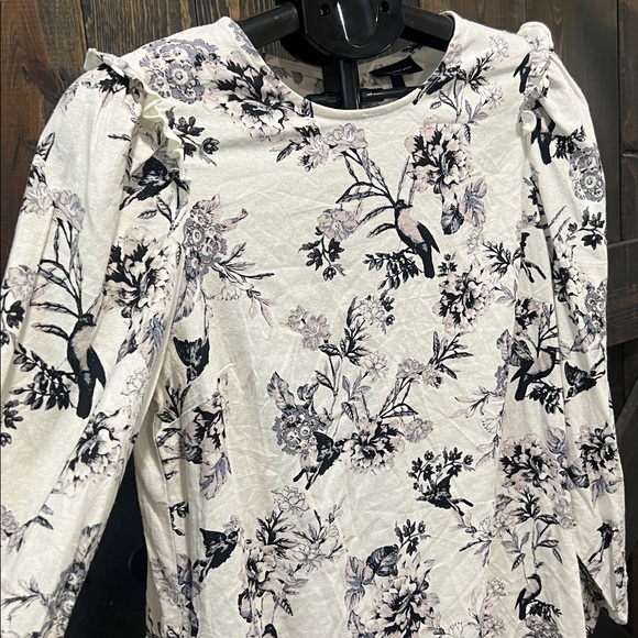 Who What Wear Floral Bird Dress S‎ NWT White Black Ruffle Balloon Sleeves Boho - Picture 2 of 12